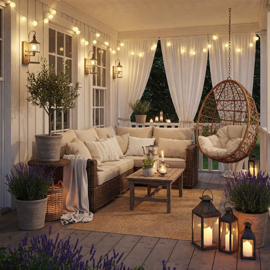 Serene Boho Porch with Hanging Egg Chair Serene Boho Porch with Hanging Egg Chair