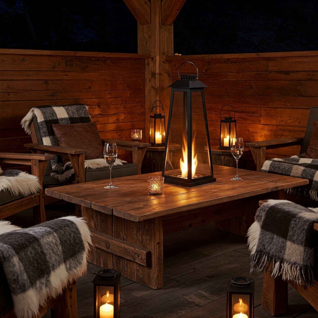 Rustic Cabin-Style Porch with Lantern Glow Rustic Cabin-Style Porch with Lantern Glow