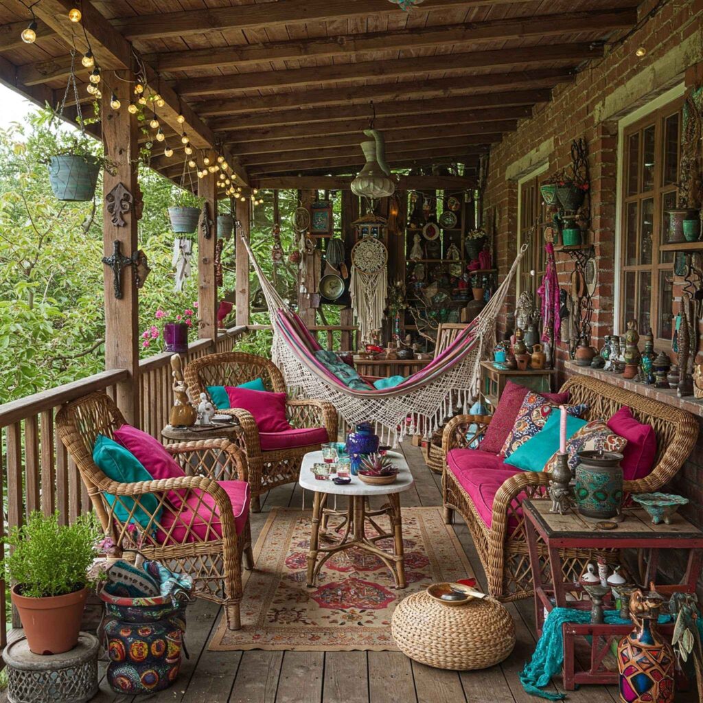 Eclectic Boho Porch with Hammock Lounge Eclectic Boho Porch with Hammock Lounge