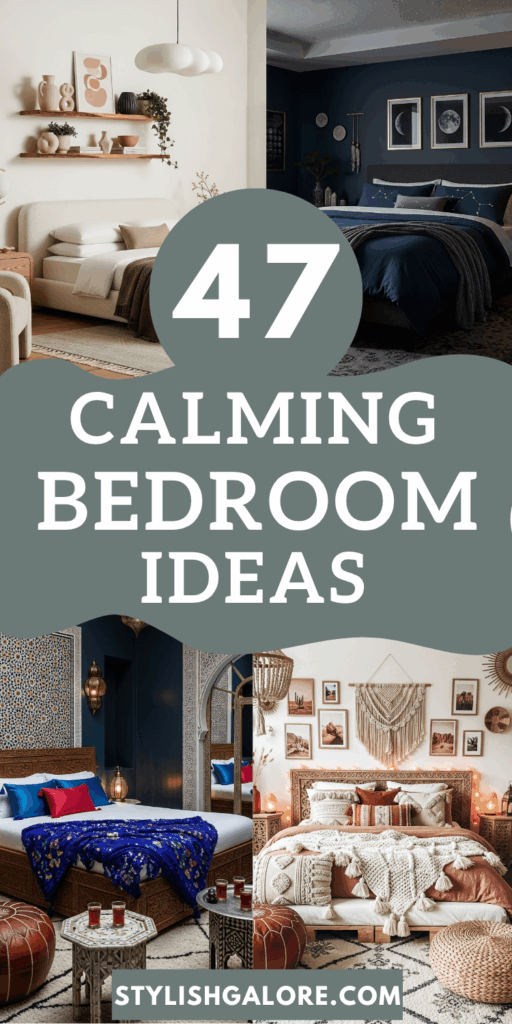 Alt: A collage of four images with the text "47 Calming Bedroom Ideas" in white on a muted green shape. The pin showcases diverse styles for a serene retreat: a neutral organic modern room with shelves, a dark blue celestial bedroom with moon art, an exotic Moroccan space with rich textiles, and a warm boho haven with macrame and earthy tones. The overall theme is creating a peaceful and stylish sanctuary for restful summer sleep, highlighting a range of design inspiration.