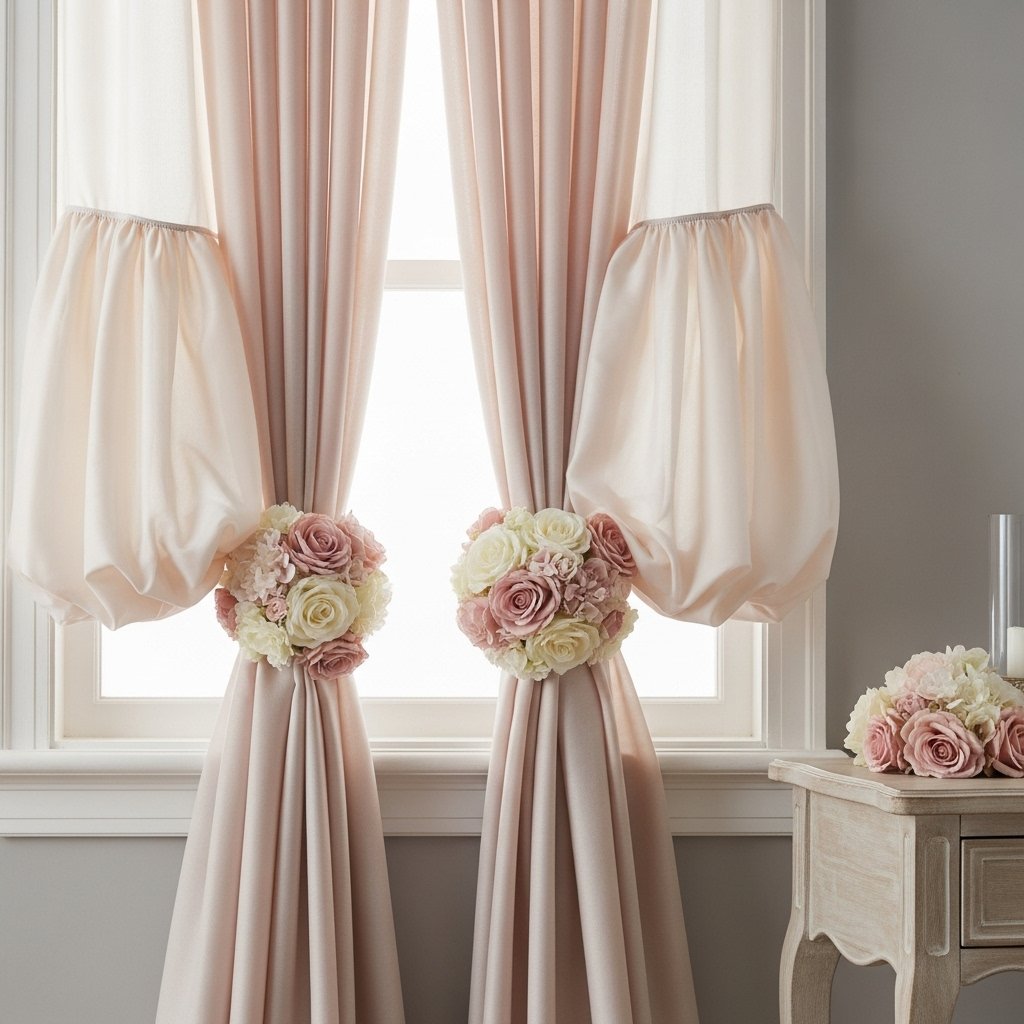 Pouf Sleeve Curtains with Floral Tie-Backs