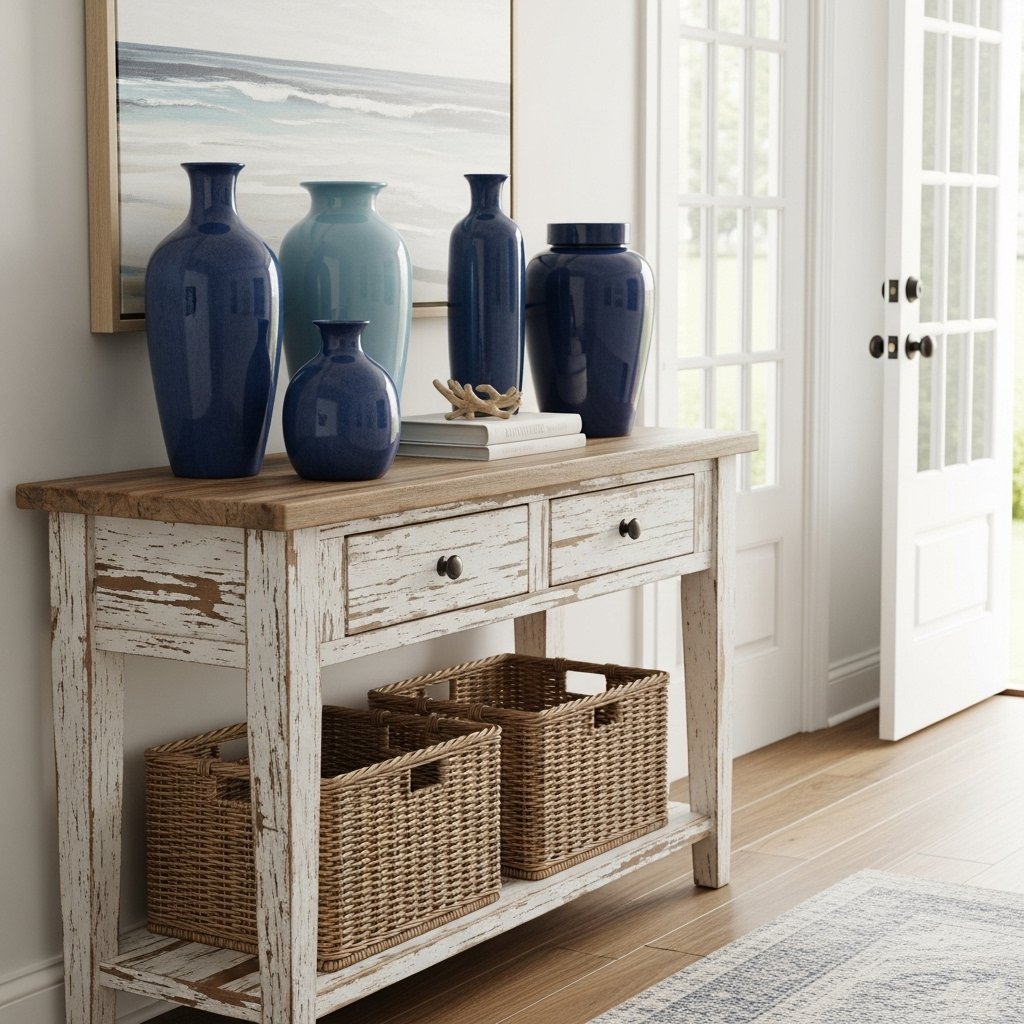 Distressed Entry Console with Ocean-Hued Vases