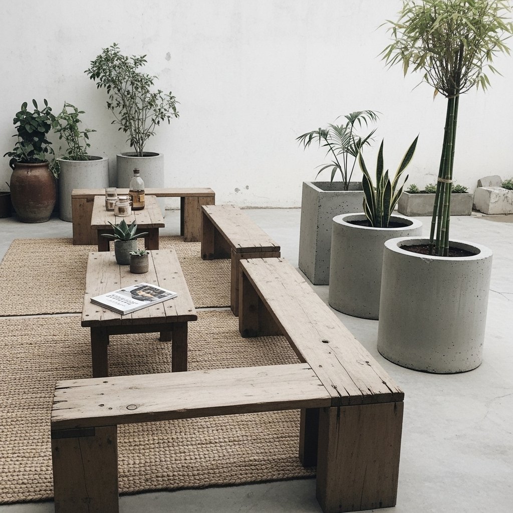 Concrete Planters & Reclaimed Benches