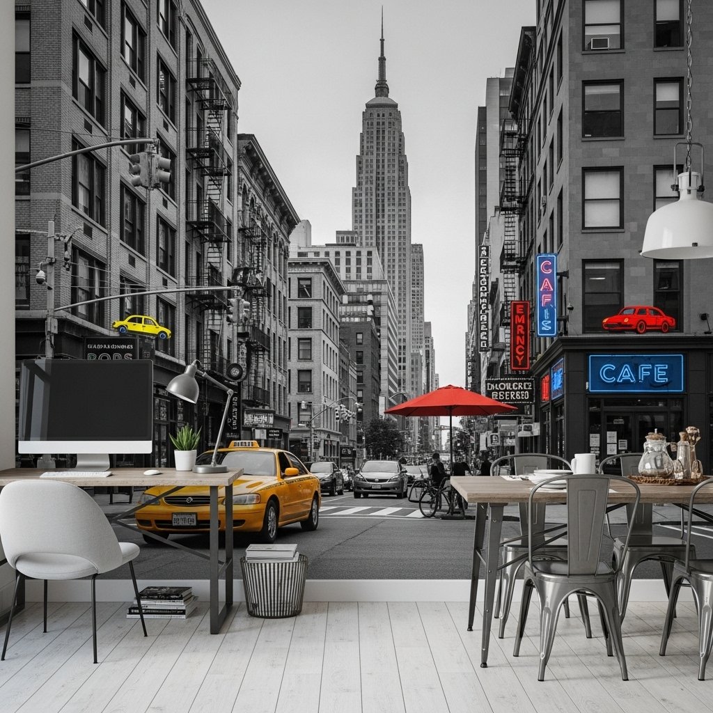 Grayscale Cityscape Mural with Selective Color