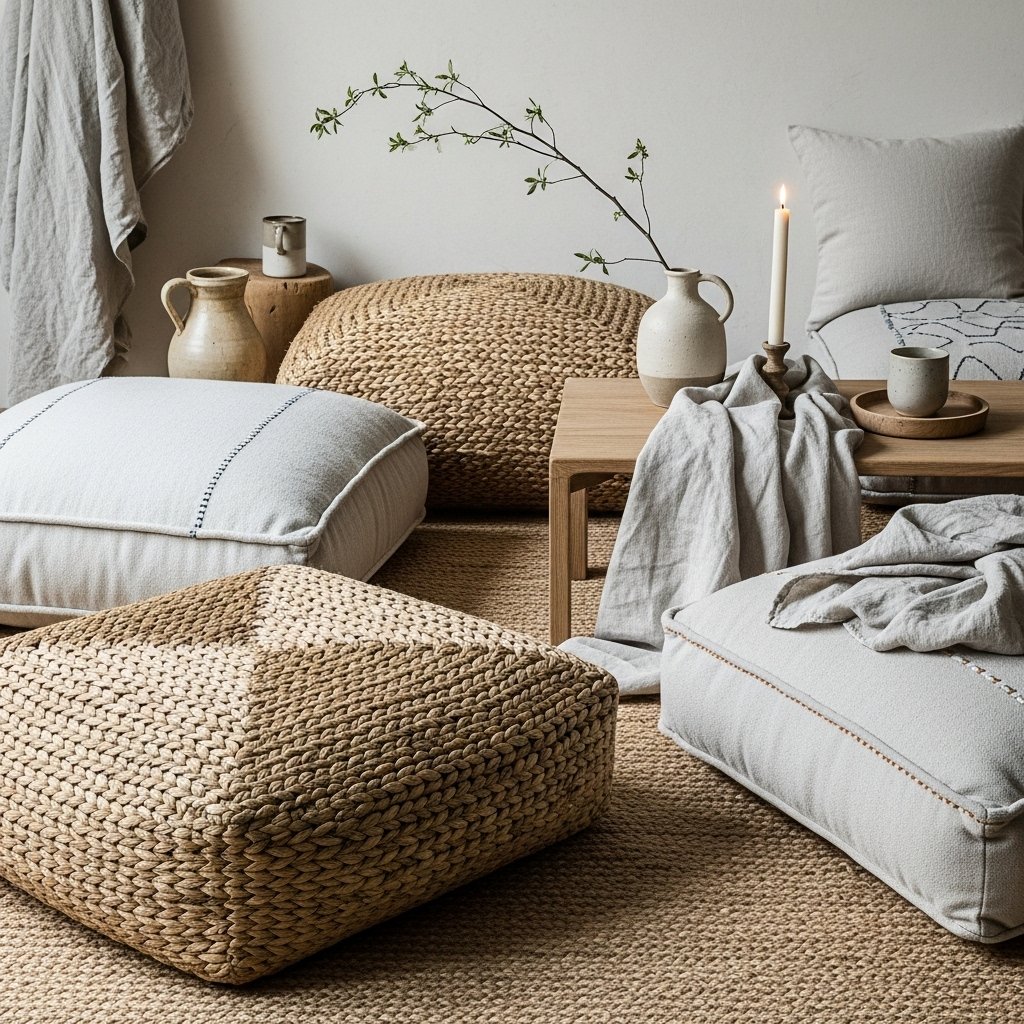 The Meadow Weave Floor Pouf & Jute-Linen Floor Cushions