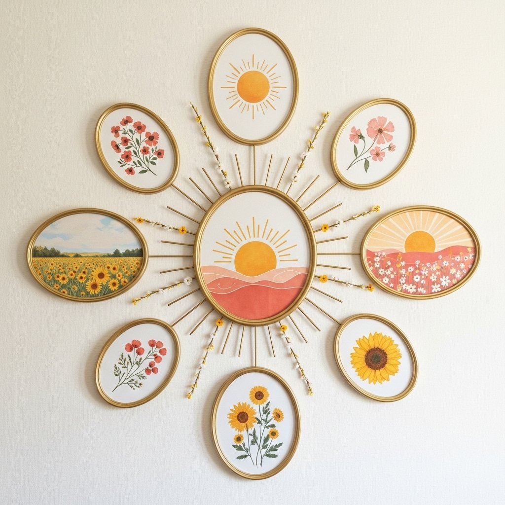 Radiant Bloom: Sunburst Gallery Wall with Summer Florals