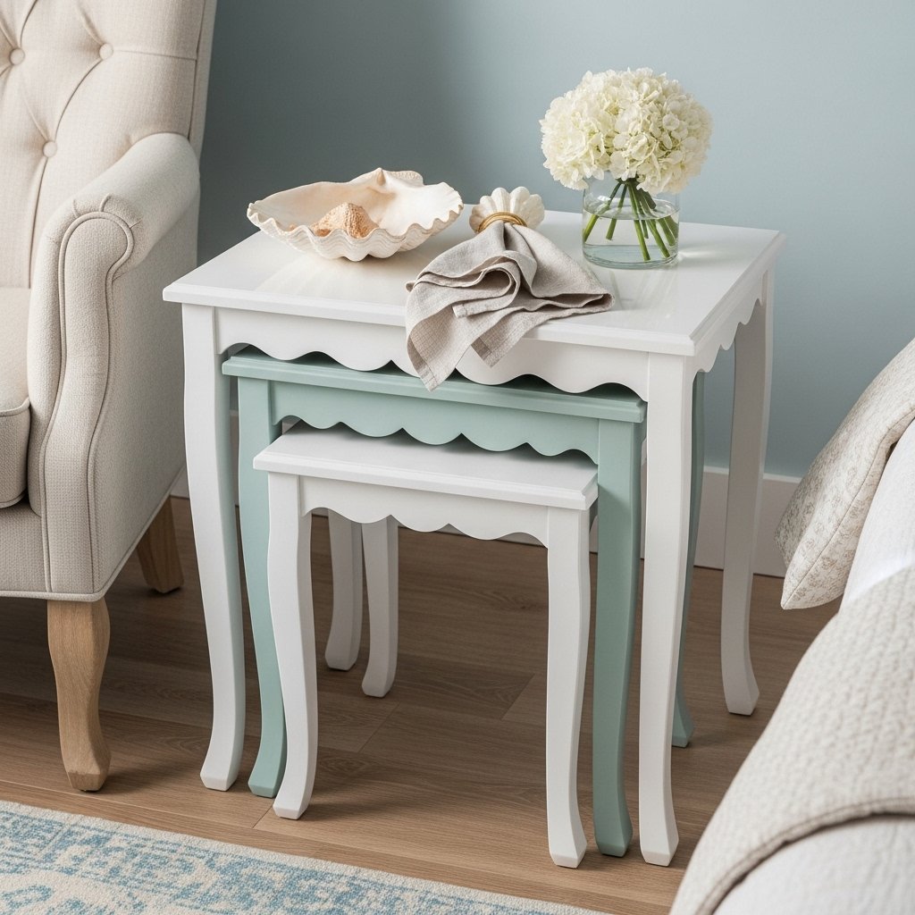 Scalloped Nesting Tables in Seafoam & White