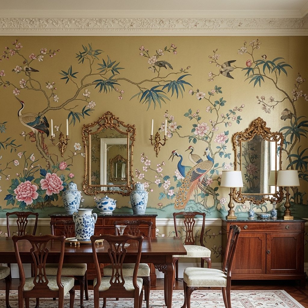 Hand-Painted Floral & Avian Mural