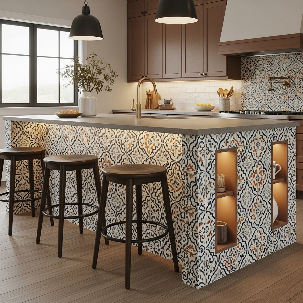 Patterned Tile Island with Display Niches Patterned Tile Island with Display Niches