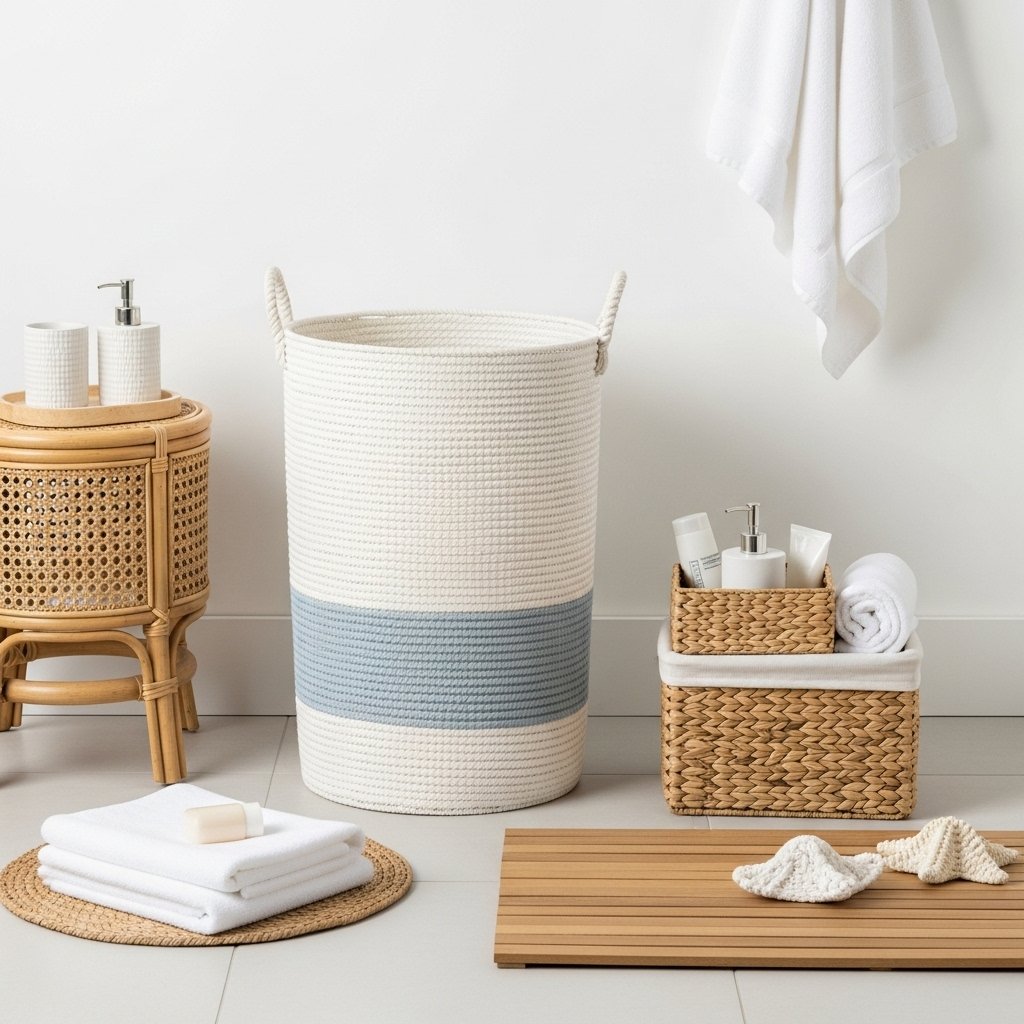 The Spa Day Cane Cabinet & Coastal Stripe Rope Hamper