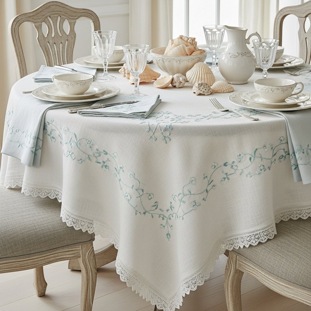 Embroidered Lace-Edge Coastal Tablecloth