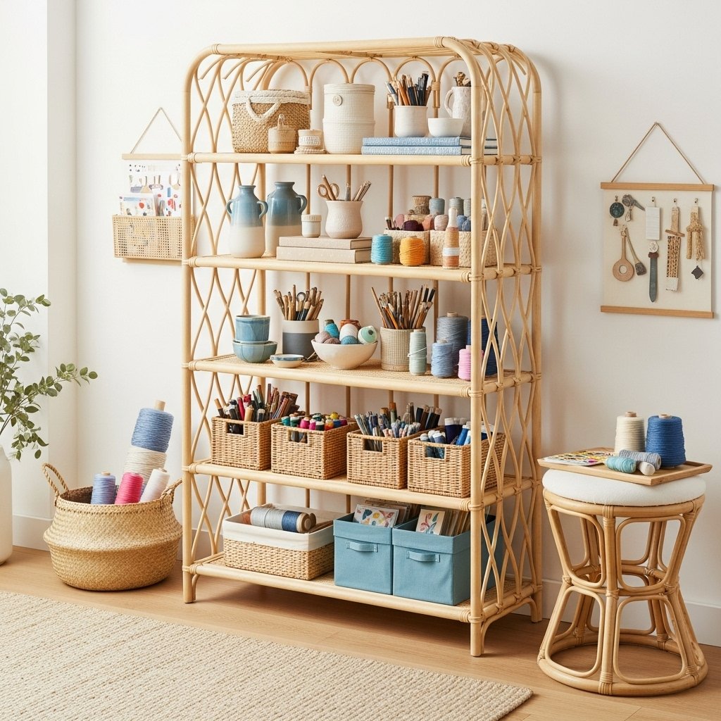 The Artisan's Rattan Bookcase & Woven Hourglass Stool