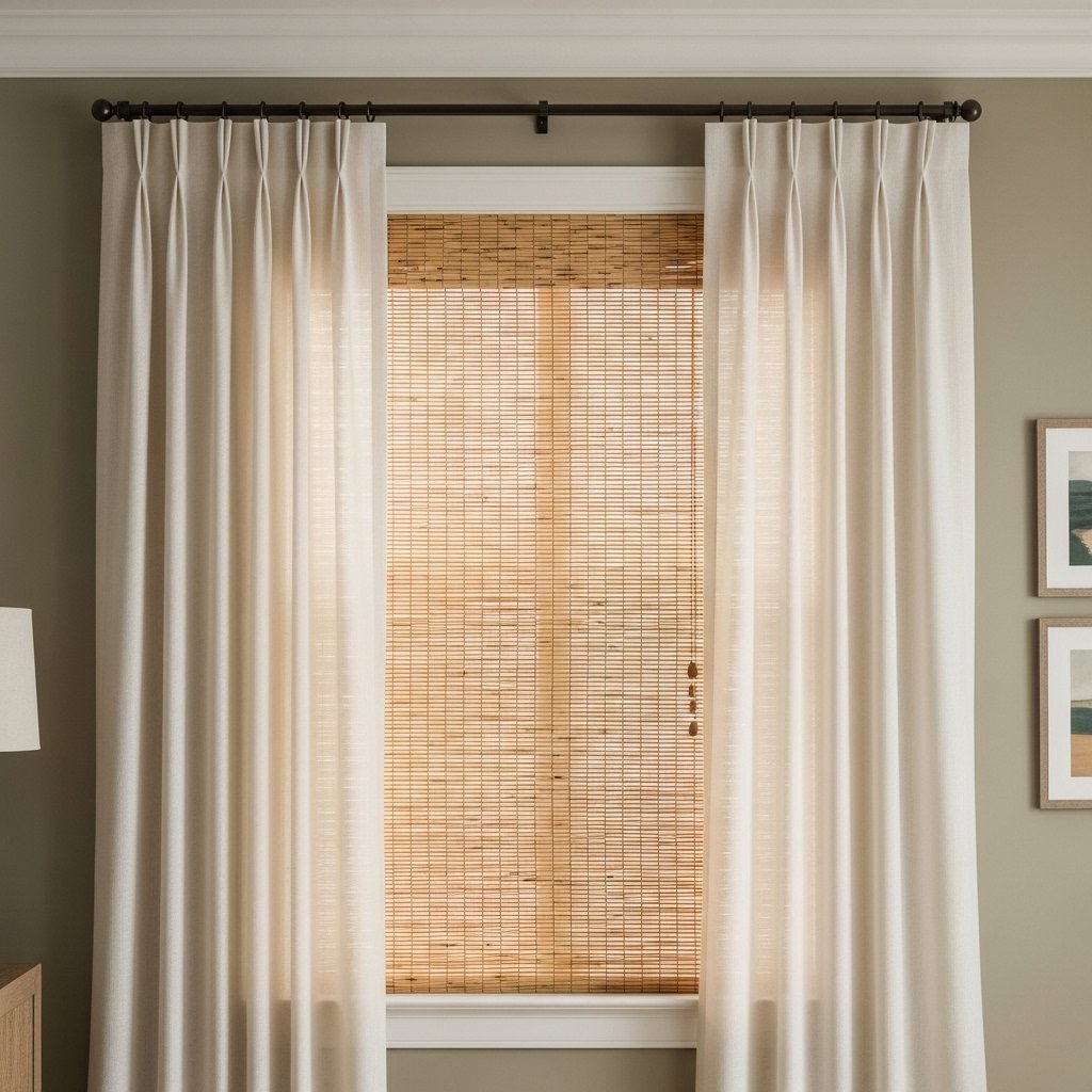 Layered Linen Drapes with Woven Bamboo Shades