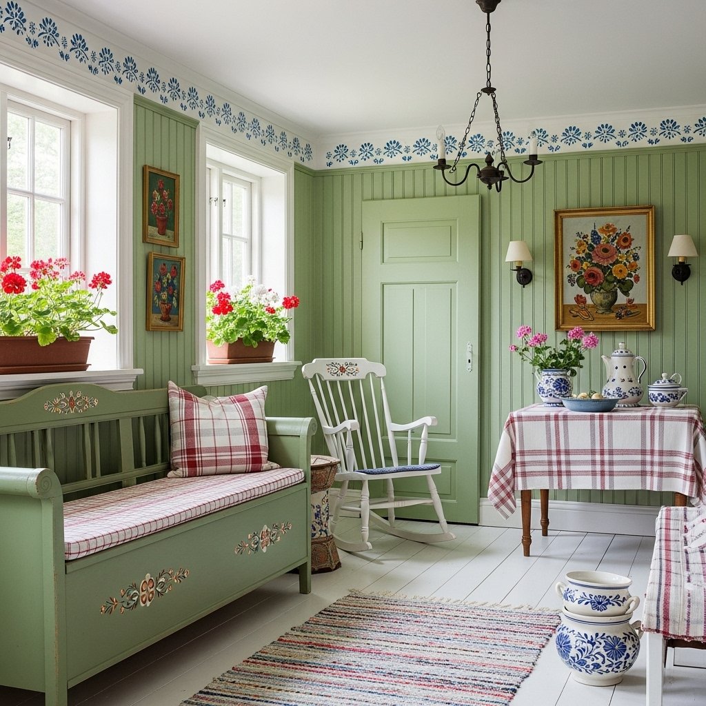 Traditional Green Paneled Walls and Bench