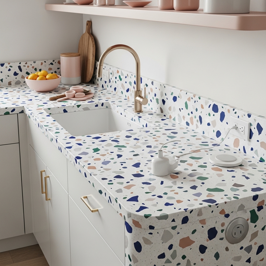Bold Terrazzo Countertops with Soft Pink Accents Bold Terrazzo Countertops with Soft Pink Accents