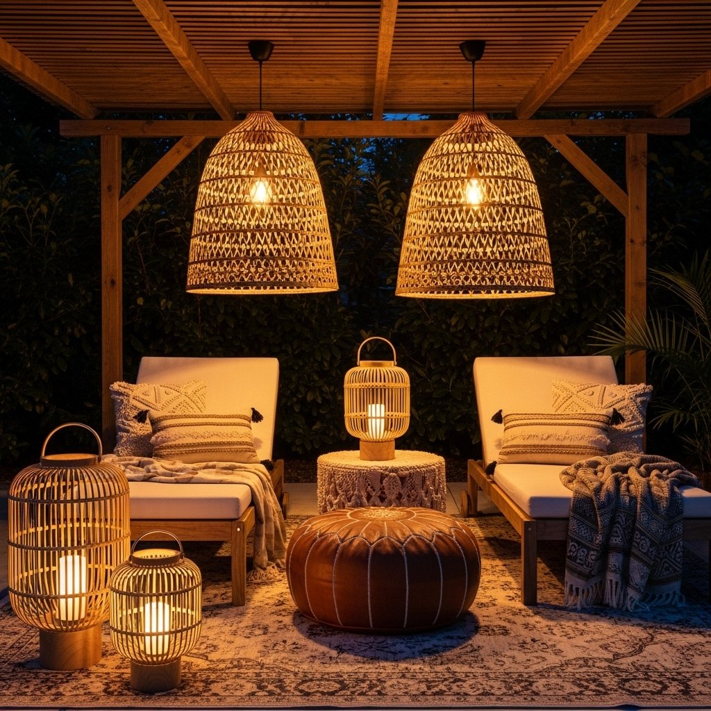 Boho Lounge Retreat with Woven Lantern Glow