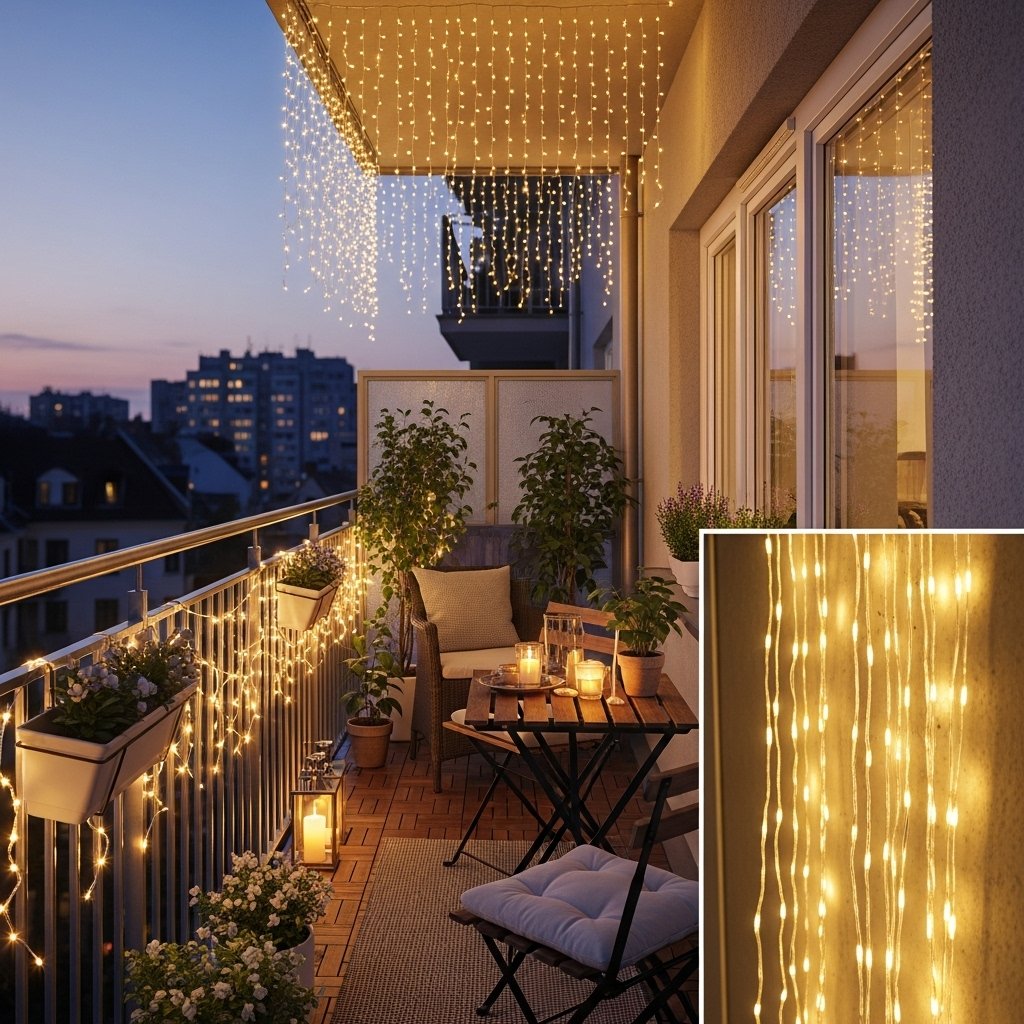 Cascading Curtain Lights on a City Balcony