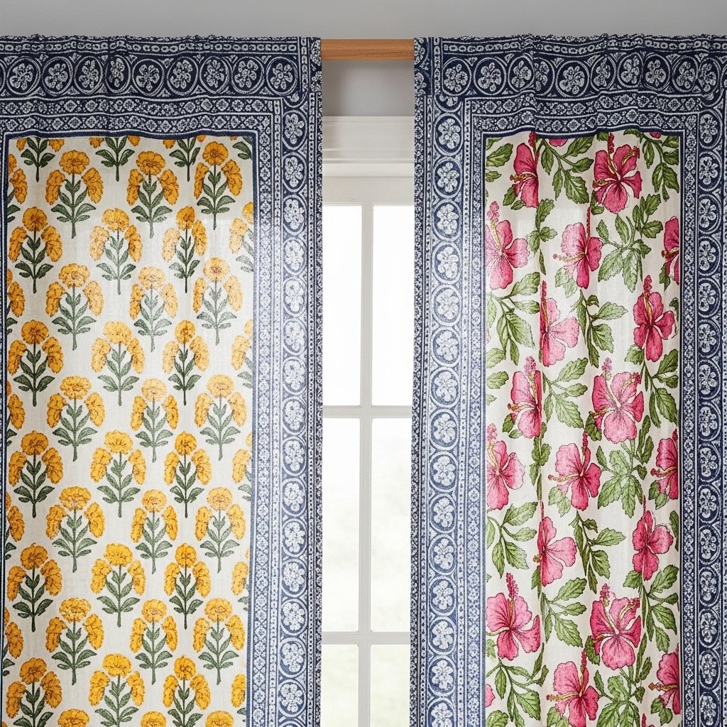 Block-Printed Floral Curtains with Bold Borders