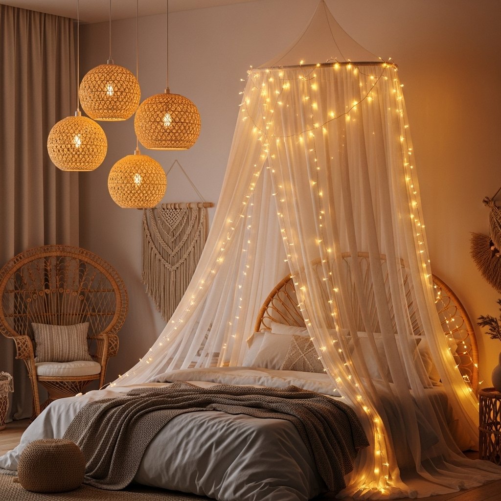 Boho Bedroom Canopy with Fairy Curtain Lights