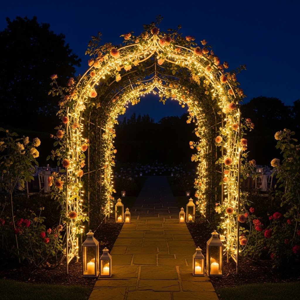 Glowing Floral Archway with Lantern-Lit Path