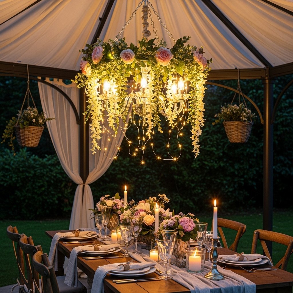 Garden Gazebo Dining with Floral Chandelier Glow