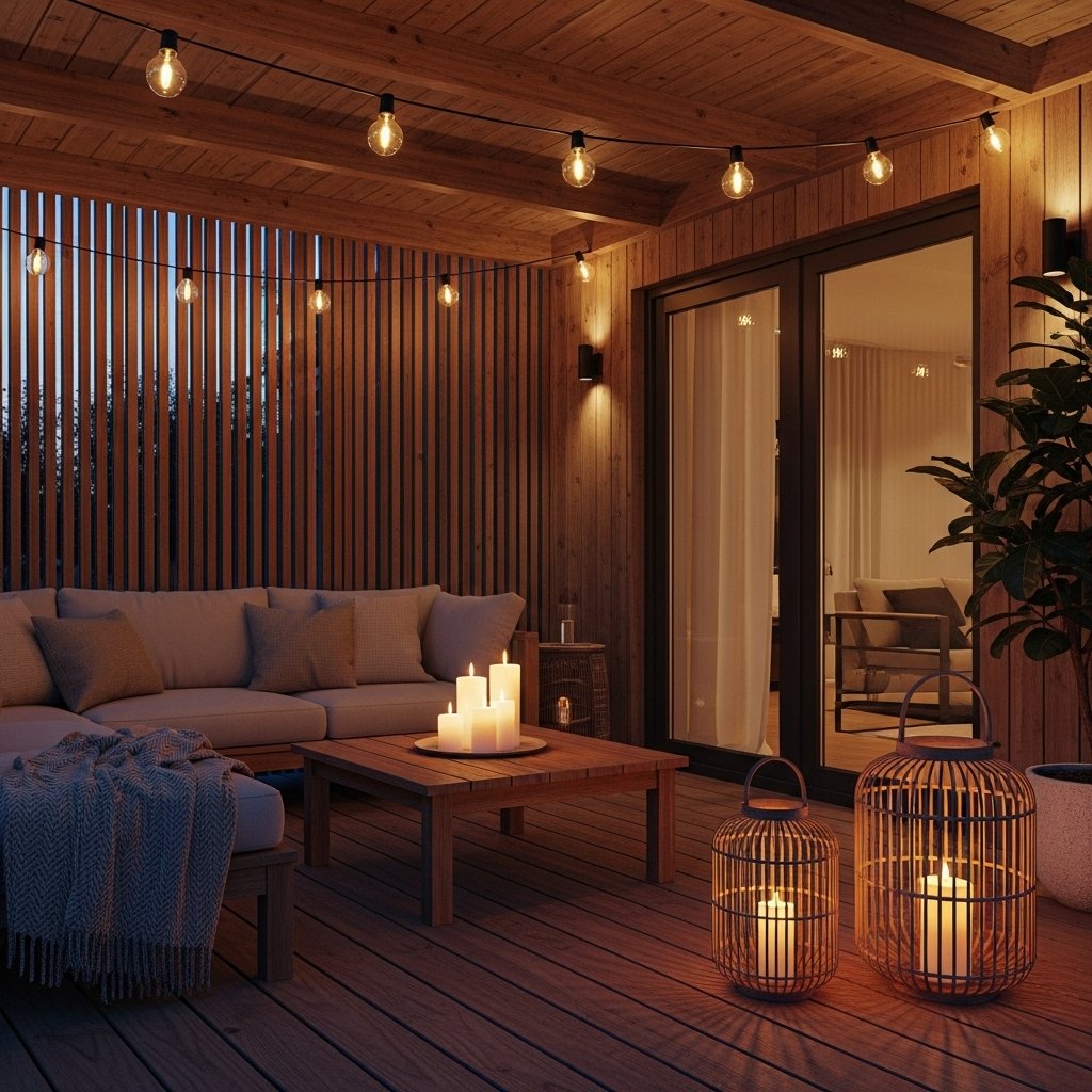  Cozy Wood Deck with String Lights and Candle Lanterns