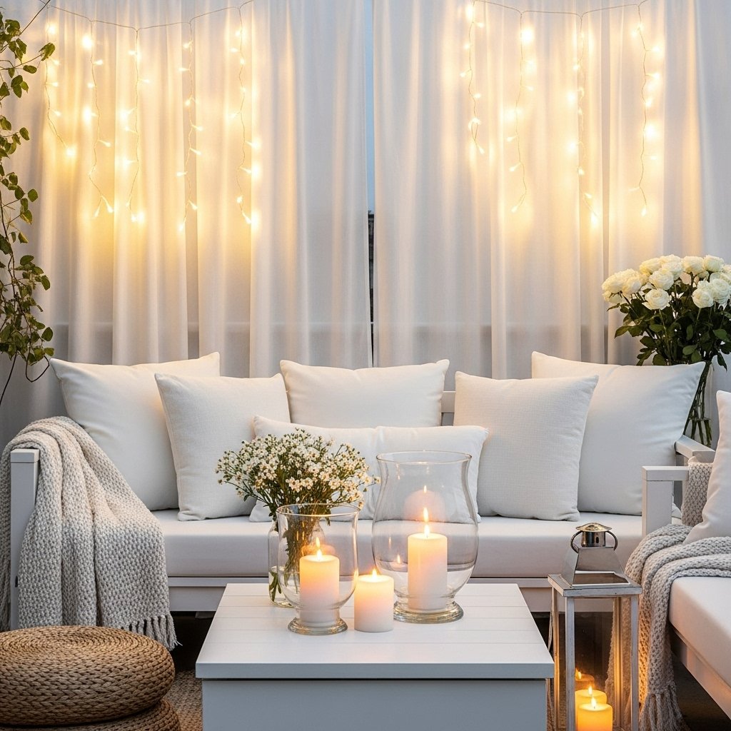 Soft White Balcony Lounge with Curtain String Lights