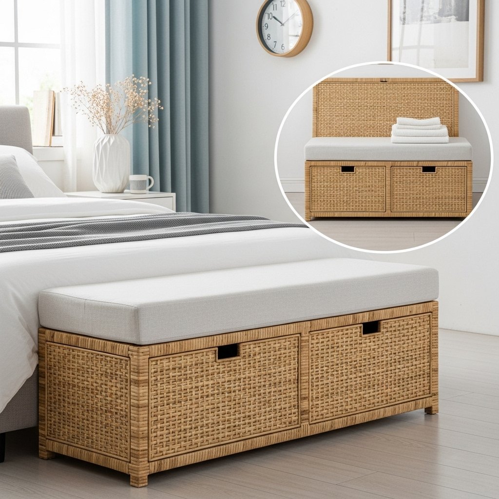 Rattan Storage Bench with Cushioned Seat