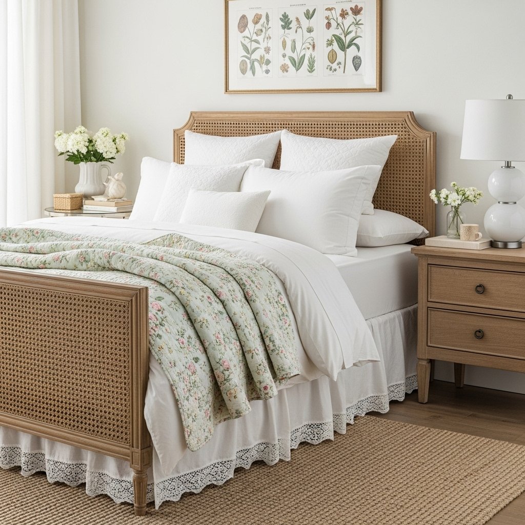 Woven Cane Bed Frame with Garden-Inspired Bedding
