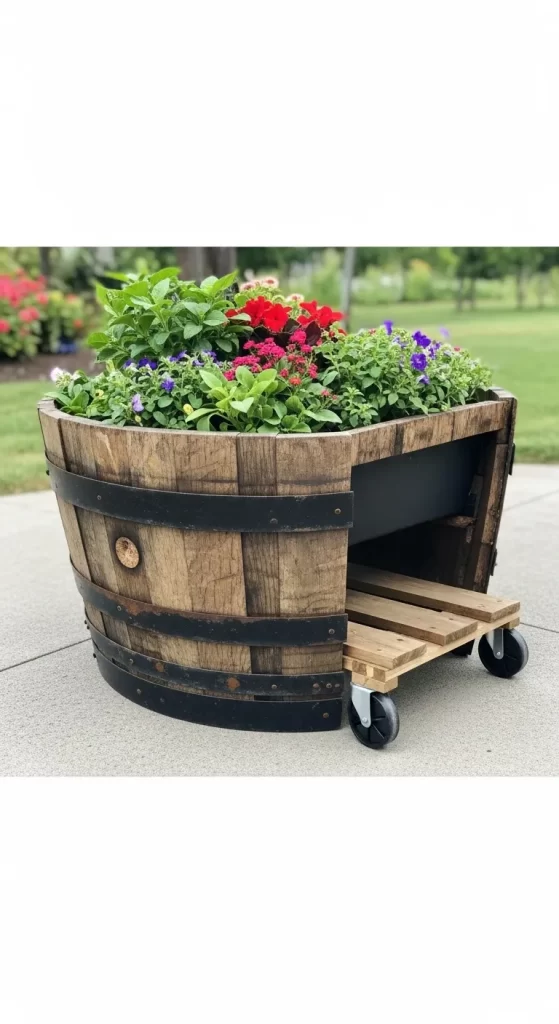 The Rolling Whiskey Barrel Planter