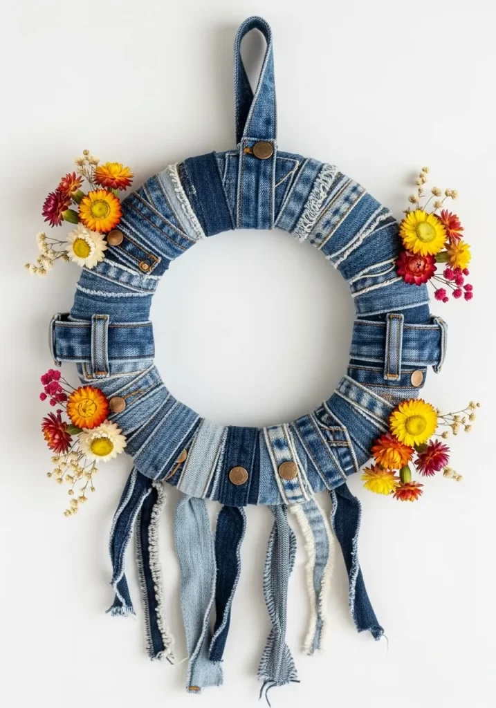 Upcycled Denim and Floral Wreath