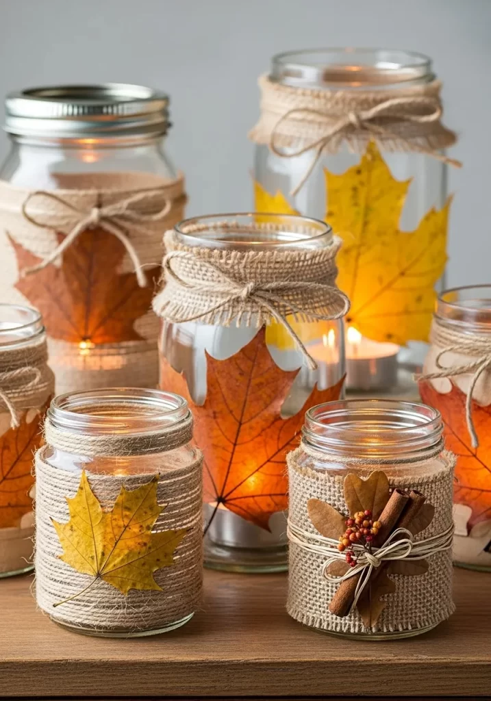 Leaf-Adorned Mason Jar Lanterns