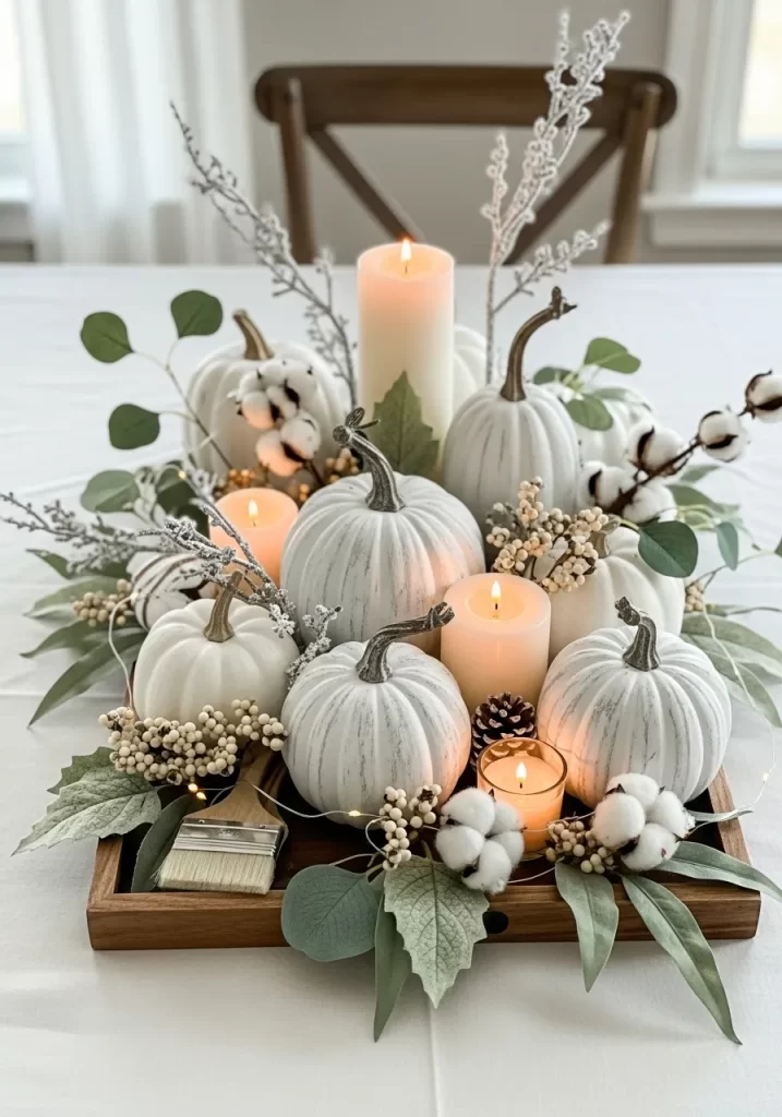 Elegant White Pumpkin and Cotton Centerpiece
