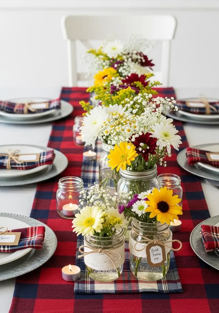 Plaid & Mason Jar Posies