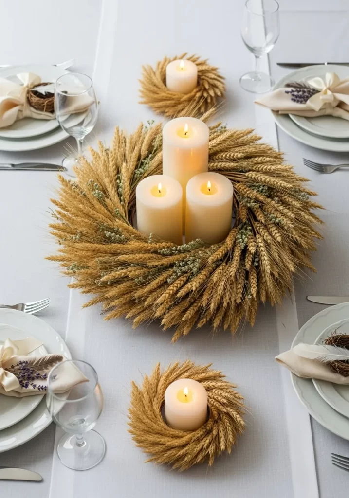 Golden Wheat Wreath & Pillar Candles