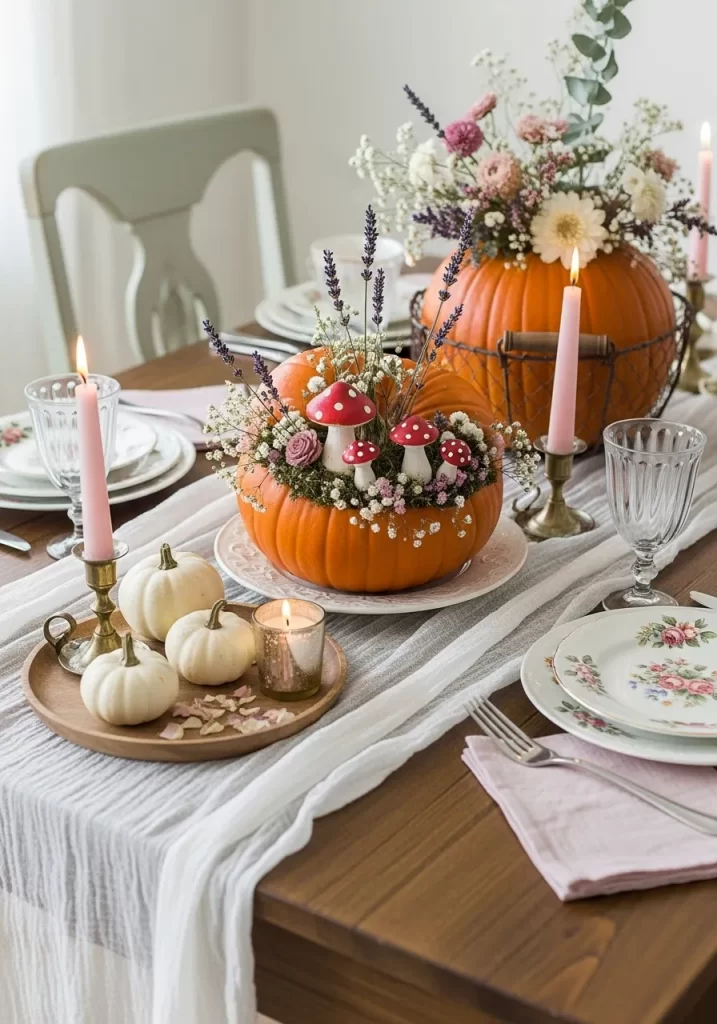 Whimsical Mushroom & Floral Pumpkin Centerpiece