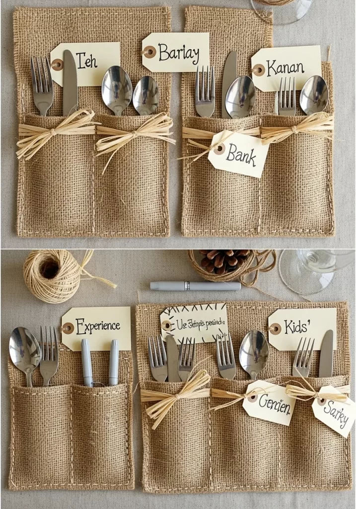 Burlap Utensil Pockets with Name Tags