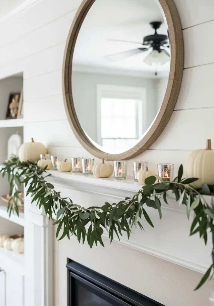 Greenery & White Pumpkin Mantel Display