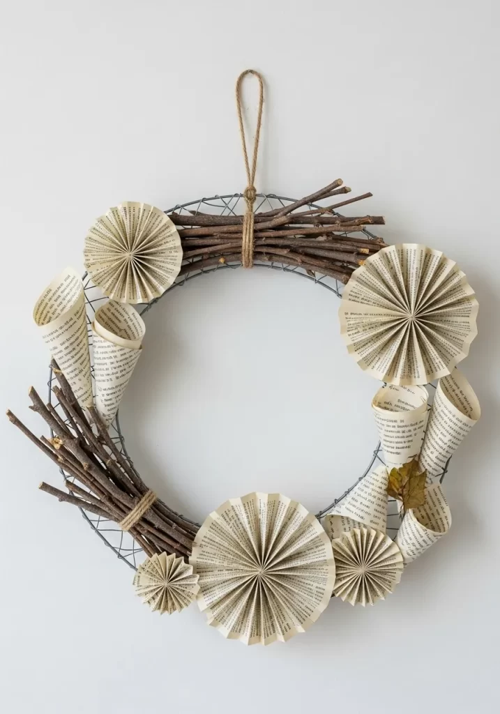 Vintage Book Page and Twig Wreath