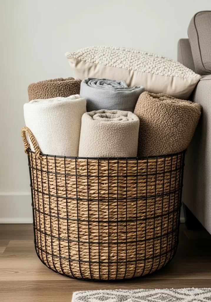 Wire and Wicker Throw Blanket Basket