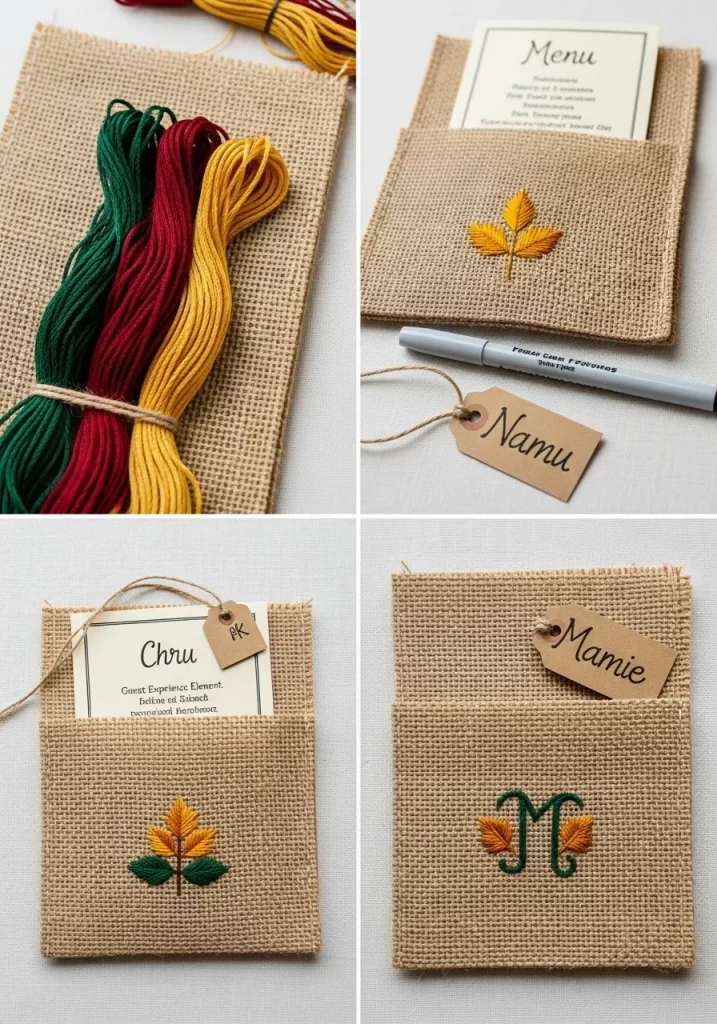 Embroidered Burlap Menu Holders