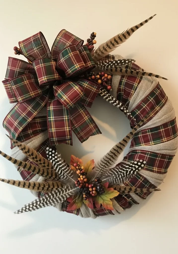 Rustic Plaid and Feather Wreath