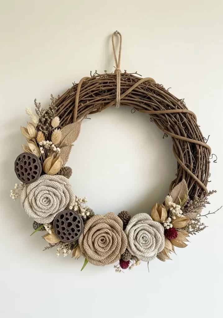 Neutral Crocheted Rose and Dried Pod Wreath