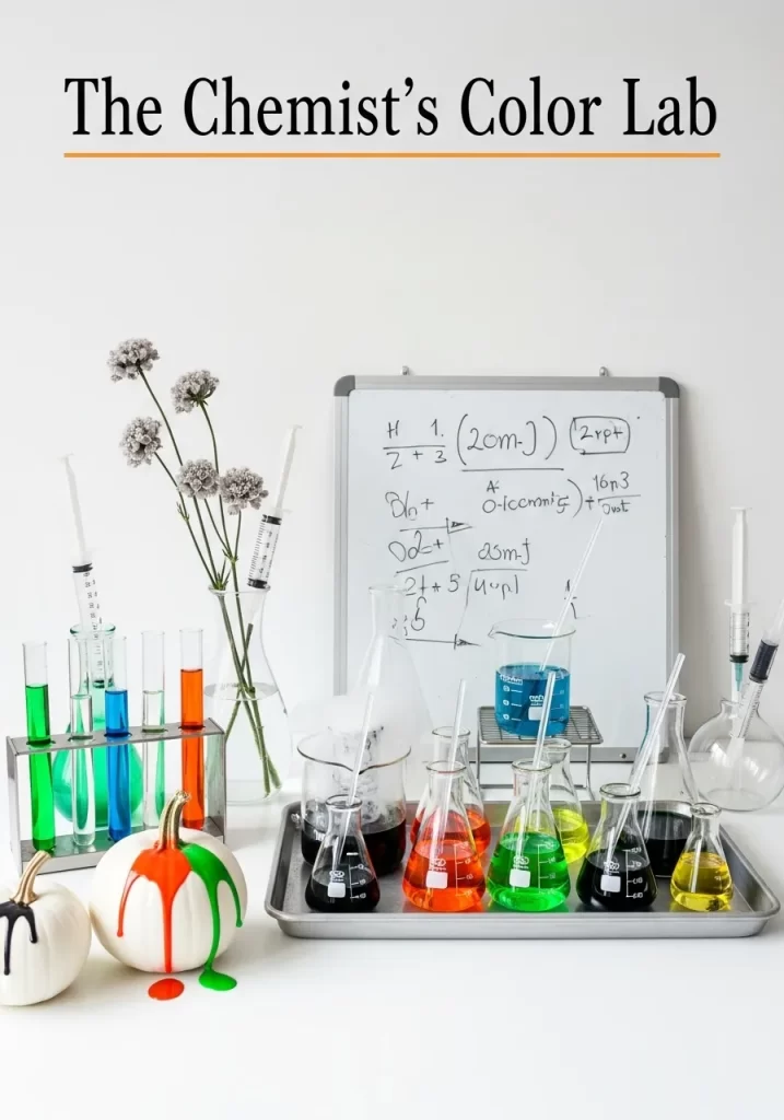 A colorful chemistry lab setup with various glass beakers and test tubes filled with vibrant liquids. Two painted pumpkins are on the table, one dripping with green paint and another with black, creating a festive Halloween vibe. A whiteboard in the background displays scientific formulas.