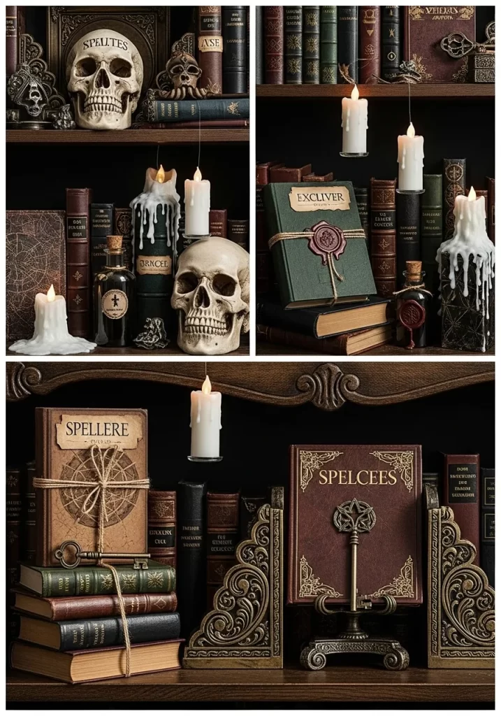 A dark, gothic bookshelf filled with old leather-bound books. A skull and candles add a spooky touch, while intricate bookends and potion bottles enhance the mysterious ambiance.