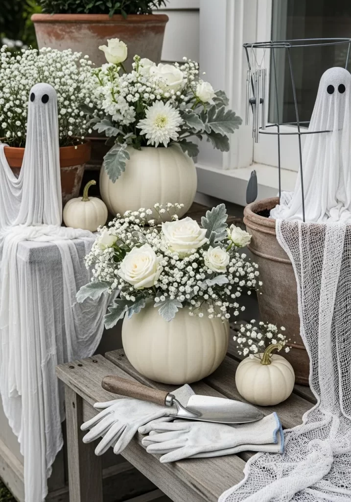 An elegantly decorated outdoor scene featuring white pumpkins as vases filled with white flowers and baby's breath. Friendly cheesecloth ghosts peek out among the floral arrangements on a wooden table, accompanied by gardening gloves and tools.