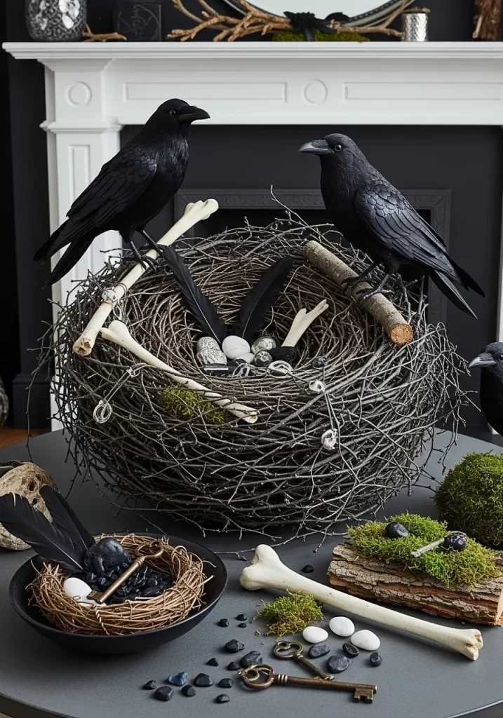 A dark, gothic display featuring a large nest made of twigs adorned with black feathers, bones, and decorative stones. Two black ravens perch on the nest, while various natural elements like moss and small pebbles surround it on a table. The background includes a dark wall and a white mantelpiece.