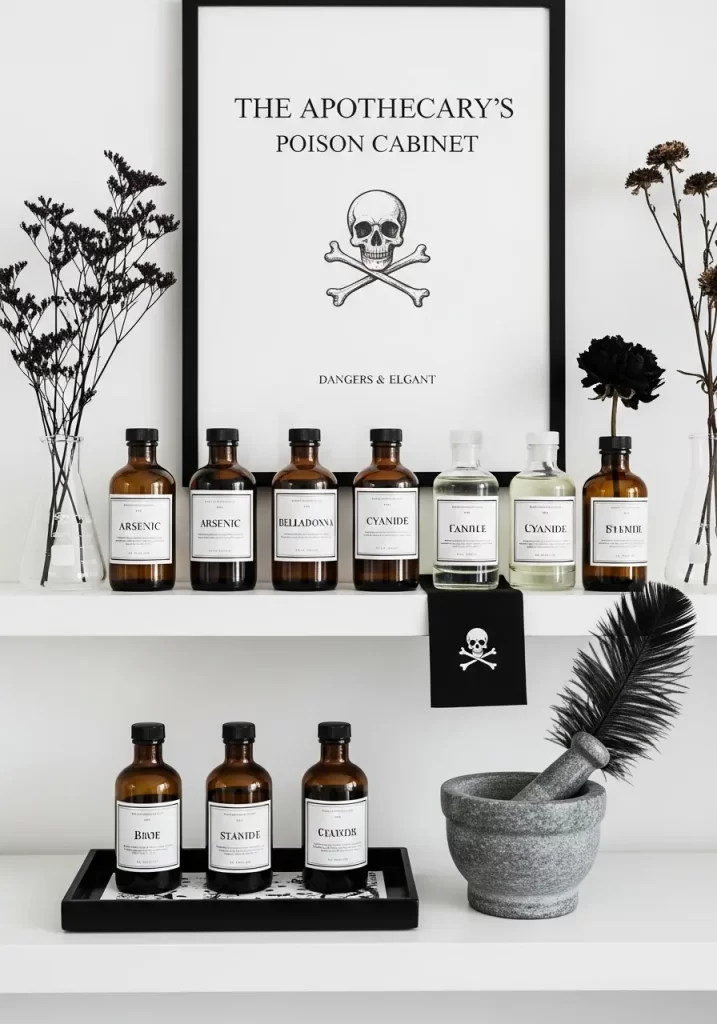 A modern apothecary display featuring dark glass bottles labeled with toxic substances like arsenic and cyanide, arranged on a white shelf. A skull graphic is prominently displayed on a framed print above the bottles. Dried black flowers and a mortar and pestle add to the aesthetic.