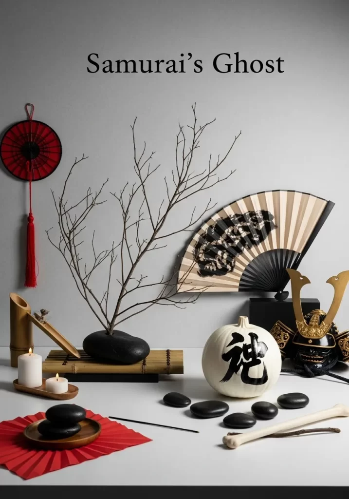 An elegant Halloween setup featuring a white pumpkin with the kanji character for 'ghost', a bare branch, and traditional Japanese items like fans and a samurai helmet. The scene is complemented by candles and smooth black stones, creating a serene yet spooky atmosphere.
