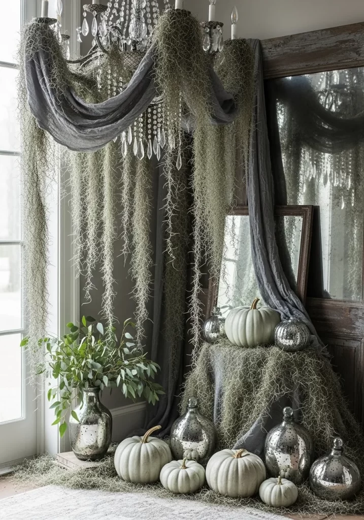 A stylish and haunting Halloween scene featuring a chandelier draped with grey fabric and Spanish moss. Below, white pumpkins are arranged near reflective mercury glass vessels, creating an elegant and atmospheric display.